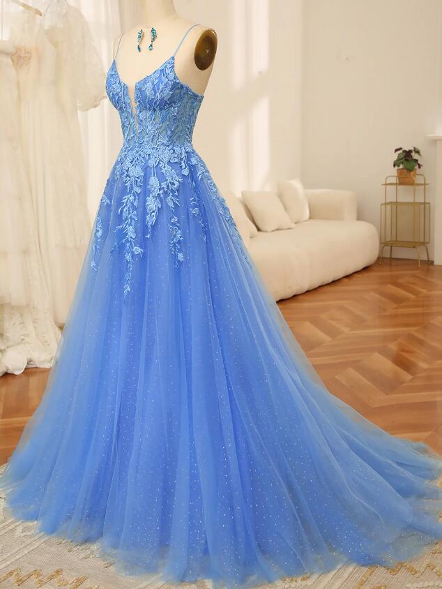 Straps Sparkly Tulle Long Prom Dress with Appliques