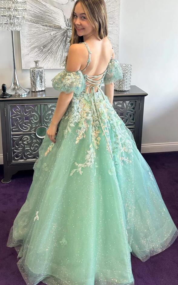 Straps Sequins Lace/Tulle Long Prom Dress with Detachable Sleeves