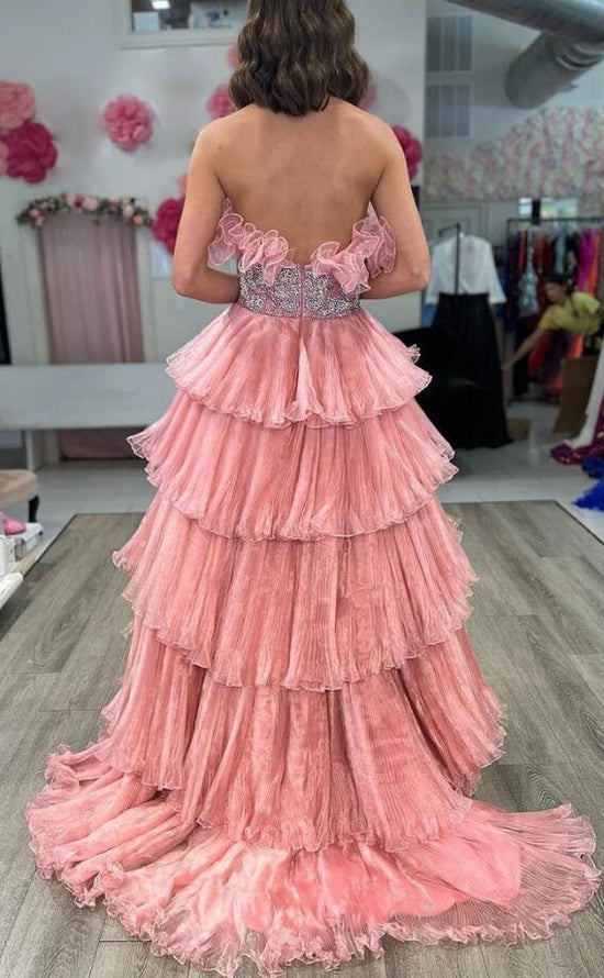 Organza Pleated Long Prom Dress with Ruffle Tiered Skirt and Beading ...