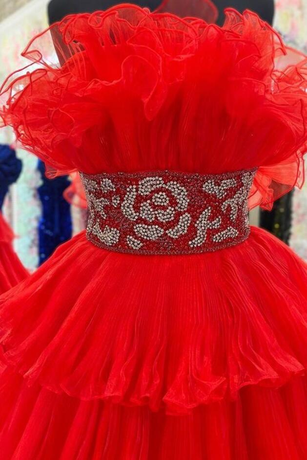 2024 Strapless Red Long Prom Dress with Beading