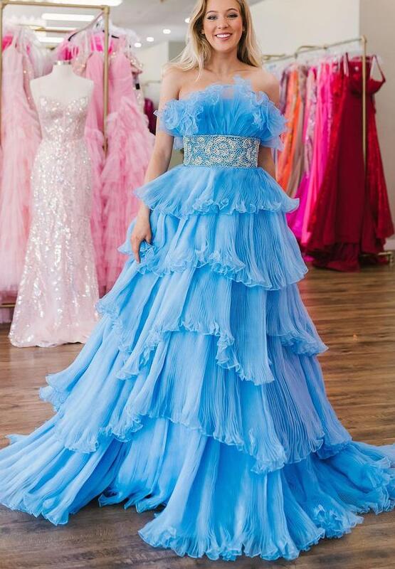 Organza Pleated Long Prom Dress with Ruffle Tiered Skirt and Beading