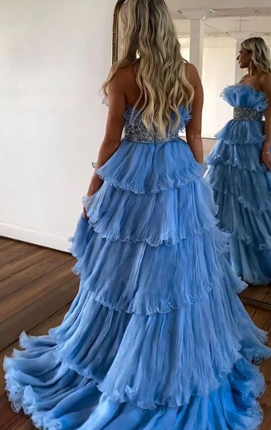 Organza Pleated Long Prom Dress with Ruffle Tiered Skirt and Beading