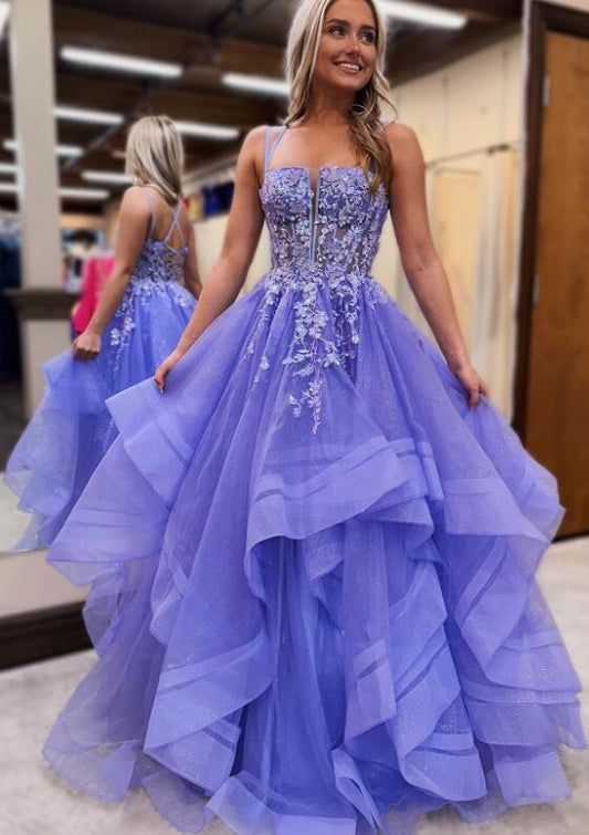 Straps Tulle Ball Gown Long Prom Dress with Appliques