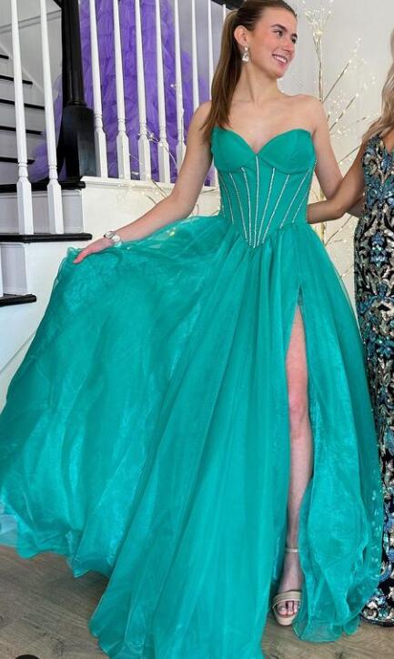 Strapless Organza Long Prom Dress with Beading