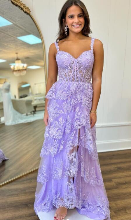 Straps Tulle/Lace A-line Long Prom Dress with Ruffle Skirt