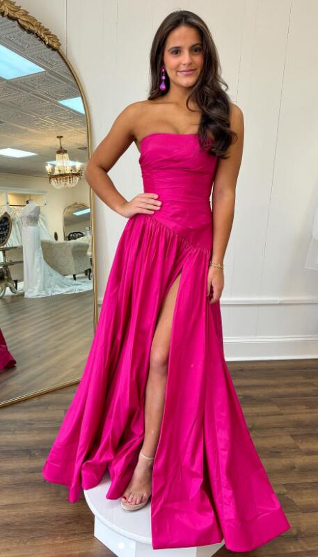 Strapless Taffeta A-line Long Prom Dress with Slit