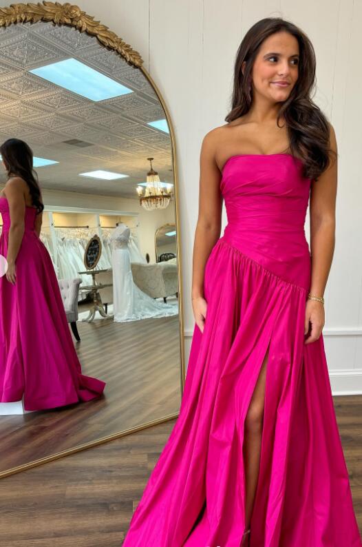 Strapless Taffeta A-line Long Prom Dress with Slit