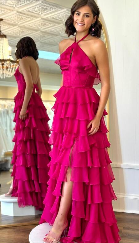 Halter Ruffle Tiered Prom Dress with Slit