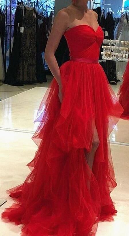 Strapless Tulle Red Long Prom Dress