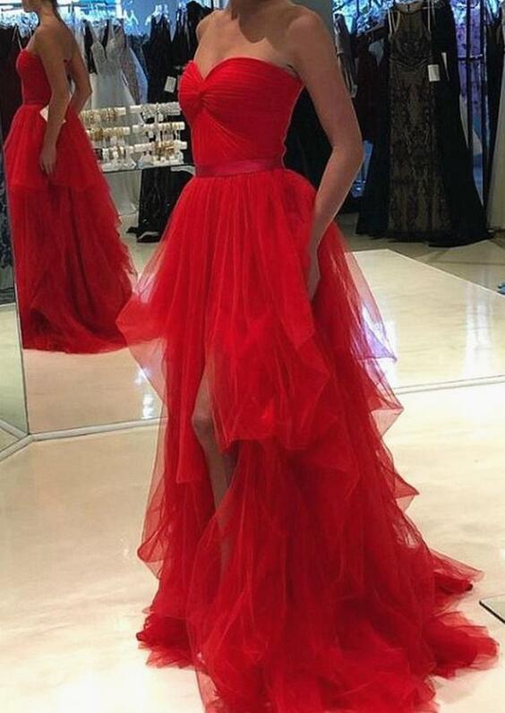 Strapless Tulle Red Long Prom Dress