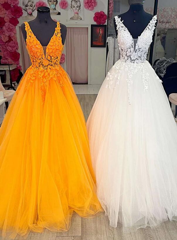 Orange Tulle Long Prom Dress with Lace Top