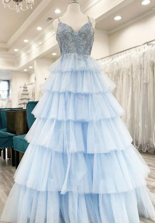 Straps Long Prom Dress with Lace Top and Ruffle Skirt
