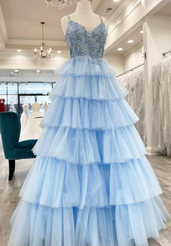 Straps Long Prom Dress with Lace Top and Ruffle Skirt