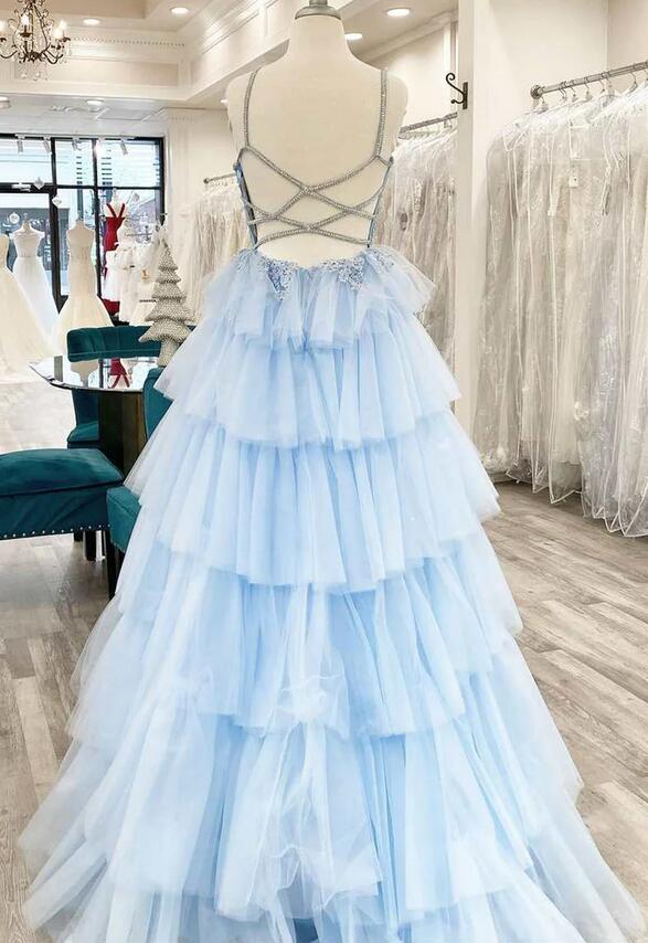 Straps Long Prom Dress with Lace Top and Ruffle Skirt