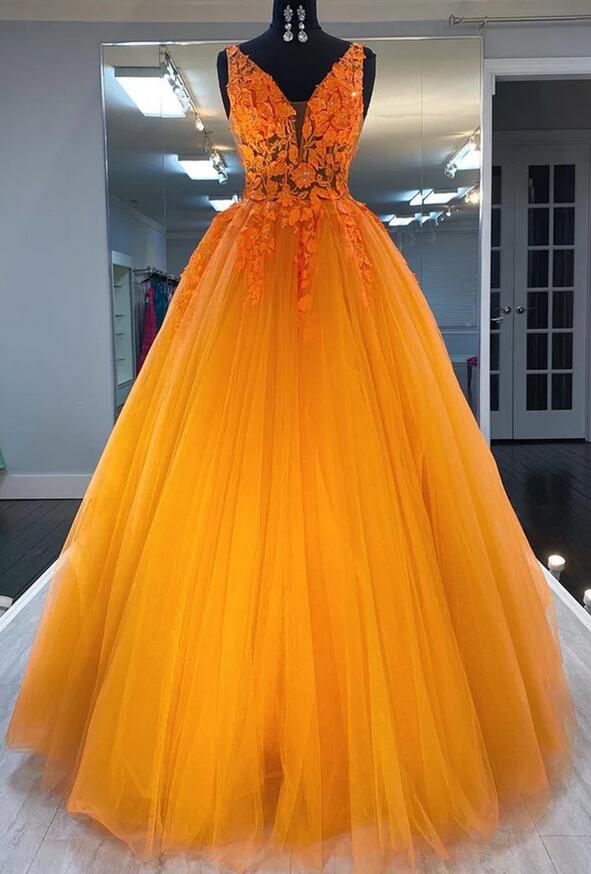 Orange Tulle Long Prom Dress with Lace Top