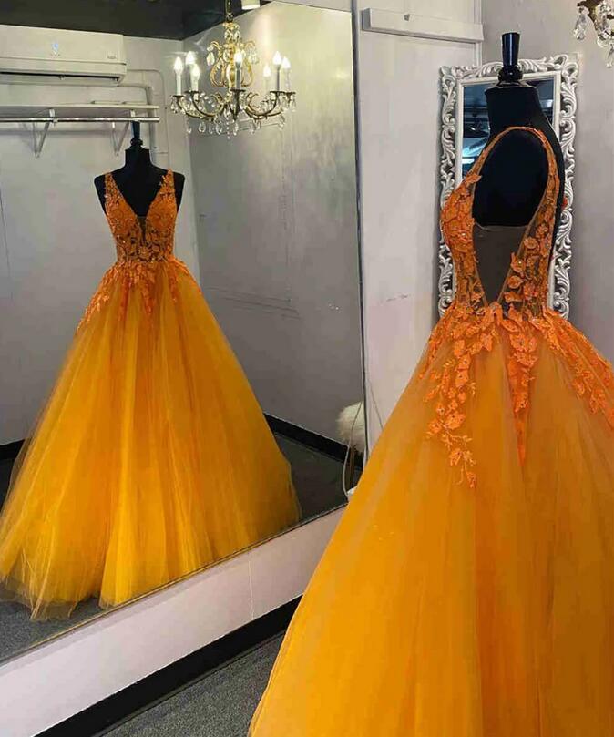 Orange Tulle Long Prom Dress with Lace Top