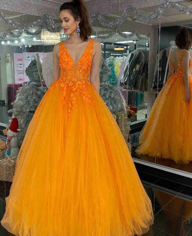 Orange Tulle Long Prom Dress with Lace Top