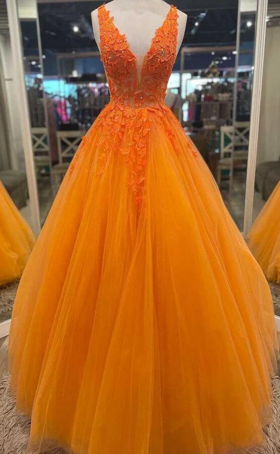 Orange Tulle Long Prom Dress with Lace Top