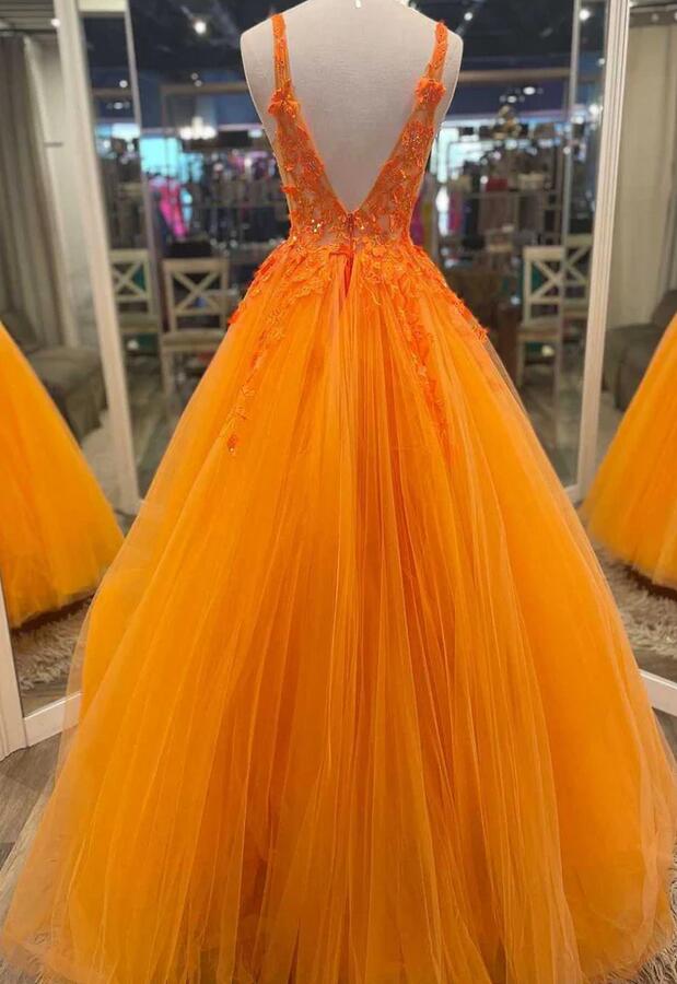 Orange Tulle Long Prom Dress with Lace Top