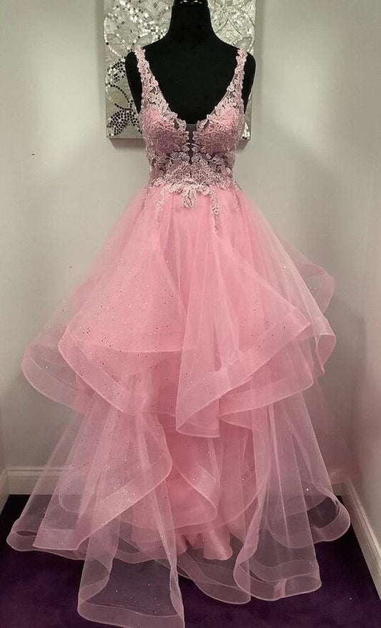 Ball Gown Long Prom Dress with Lace Top and Ruffle Skirt