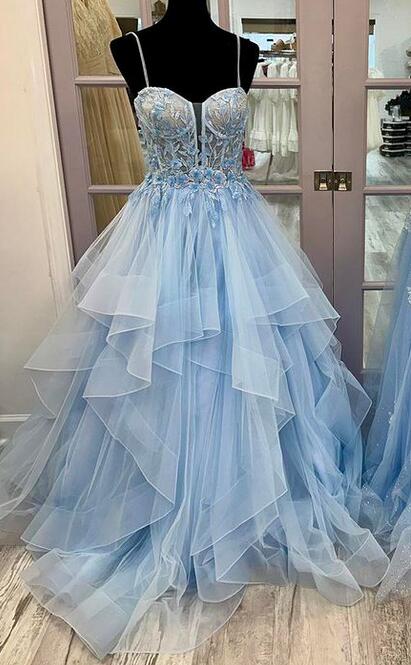 Straps Ball Gown Long Prom Dress with Lace Top and Ruffle Skirt