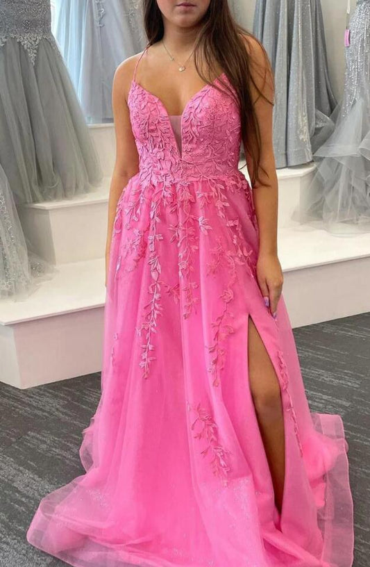 Straps Leaf Lace A-line Long Prom Dress with Slit