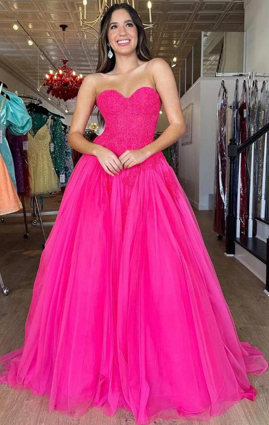 Strapless Tulle  A-line Long Prom Dress with Lace Top