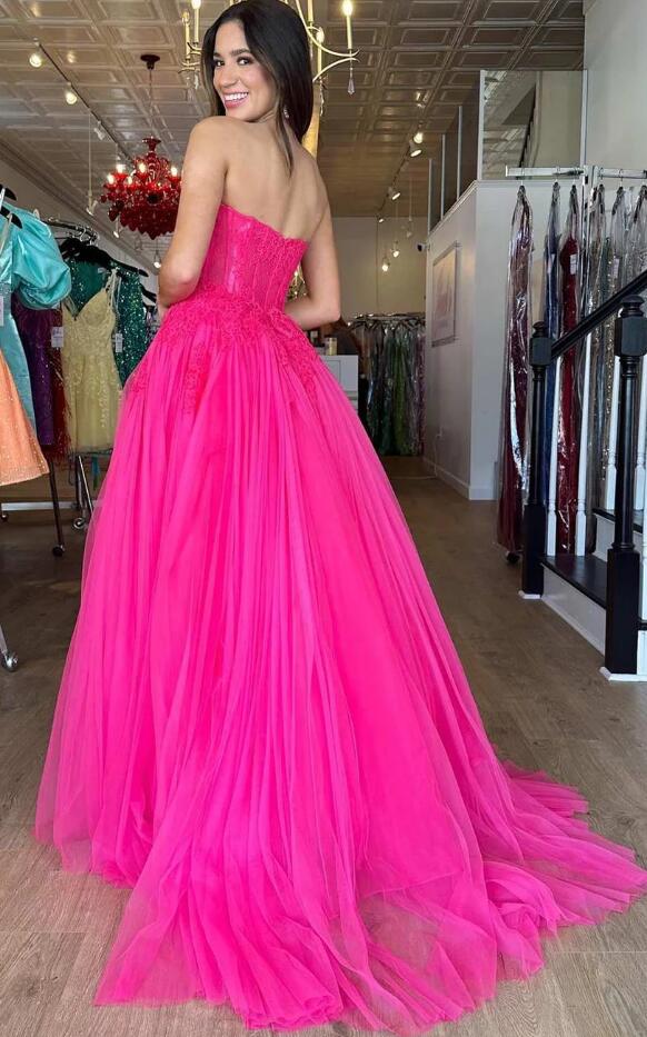 Strapless Tulle  A-line Long Prom Dress with Lace Top