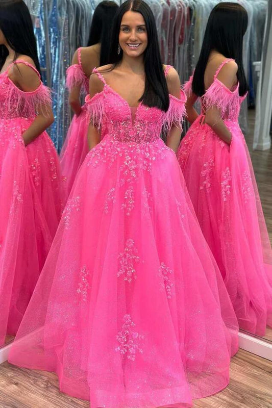 Sequins Tulle/Lace  A-line Long Prom Dress with Feather