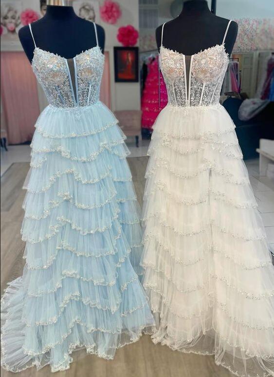 Lace Corset Beaded Long Prom Dress with Ruffle Tulle Skirt Slit