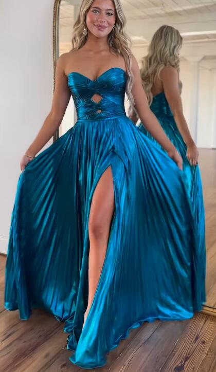 Strapless Metallic Pleated Long Prom Dress with Key Hole Bodice
