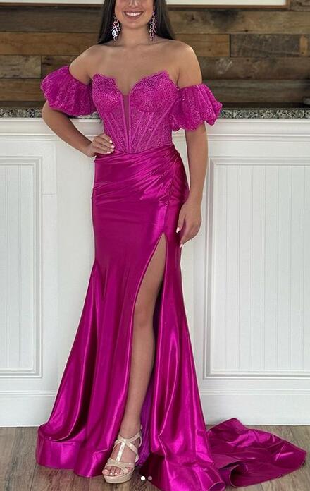 Strapless Satin Long Prom Dress with Lace Bodice and Removable Sleeves