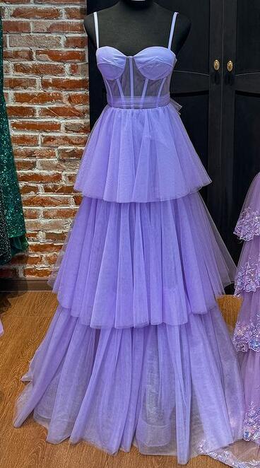 Straps Tulle Long Prom Dress with Ruffle Skirt