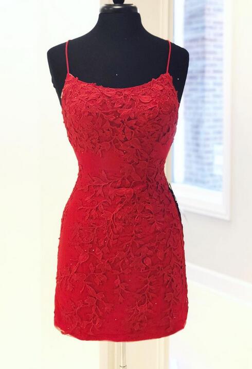 Straps Red Leaf Lace Fitted  Homecoming Dress