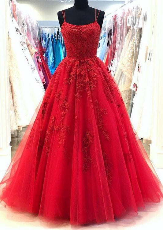 Straps Leaf Lace Ball Gown Long Prom Dress