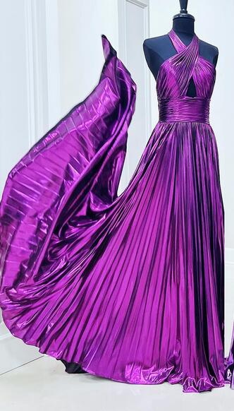 Halter Metallic Pleated Long Prom Dress with Key Hole Bodice and Slit