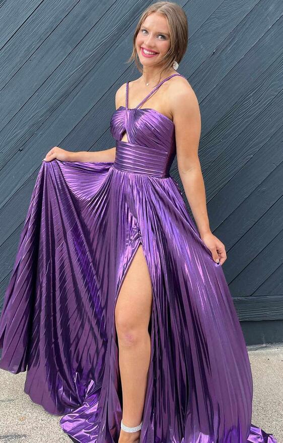 Straps Metallic Pleated Long Prom Dress with Key Hole Bodice and Slit ...