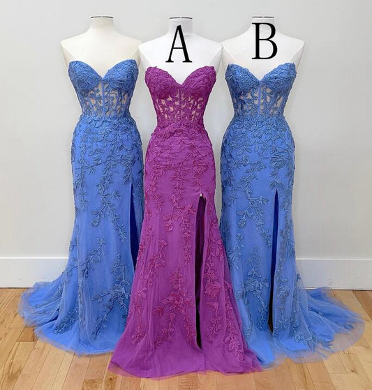 Strapless Leaf Lace Mermaid Long Prom Dress with Slit