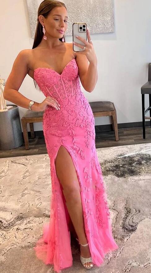 Strapless Leaf Lace Mermaid Long Prom Dress with Slit