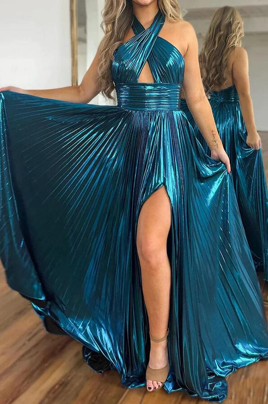 Halter Long Prom Dress with Pleated Skirt and High Skirt Slit