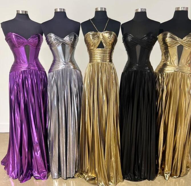 Strapless Metallic Pleated Long Prom Dress