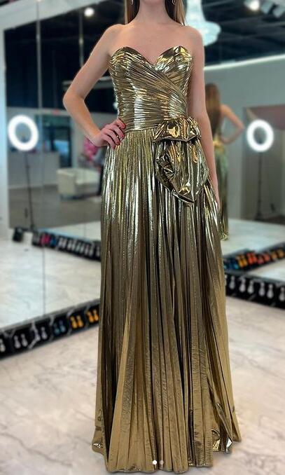 Strapless Metallic Pleated Long Prom Dress with Slit