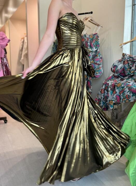 Strapless Metallic Pleated Long Prom Dress with Slit