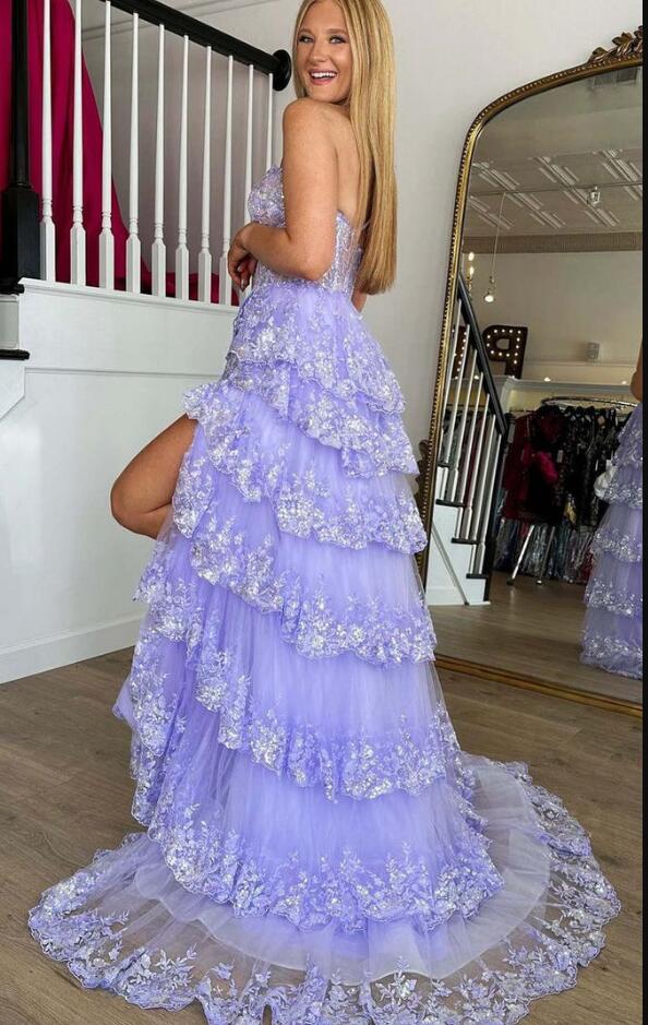 One Shoulder Tulle Sequin  Prom Dress with Sheer Corset Bodice and Ruffle Skirt