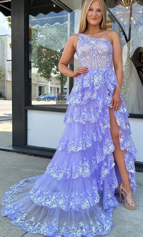 One Shoulder Long Prom Dress with Sheer Corset Bodice and Ruffle Skirt