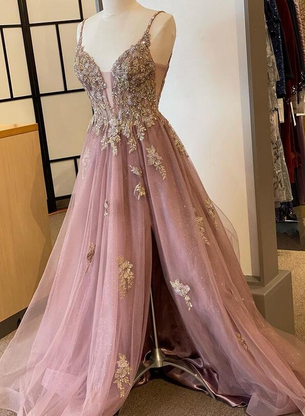 Straps Lace/Tulle Long Prom Dress with Beading