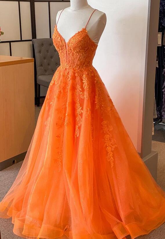 Orange Straps Lace/Tulle Long Prom Dress