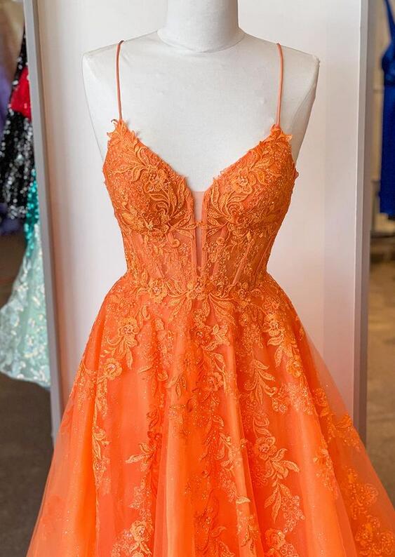 Orange Straps Lace/Tulle Long Prom Dress