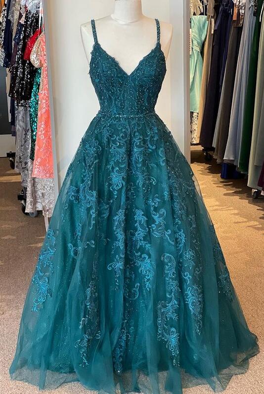 Straps Lace/Tulle Long Prom Dress with Beading