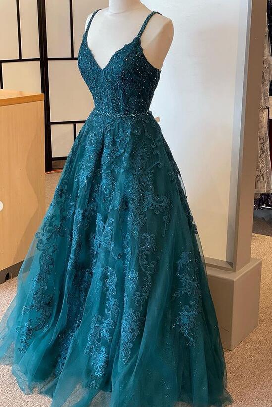 Straps Lace/Tulle Long Prom Dress with Beading